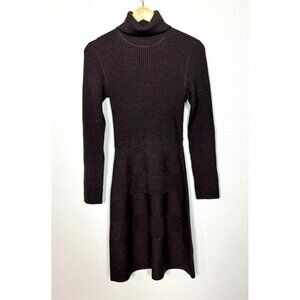 Tory Burch Women's Turtleneck Long Sleeve Rib A Line Sweater Dress Brown Wool